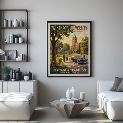Winthrop University poster with campus buildings, vintage convertible, and a bicycle.