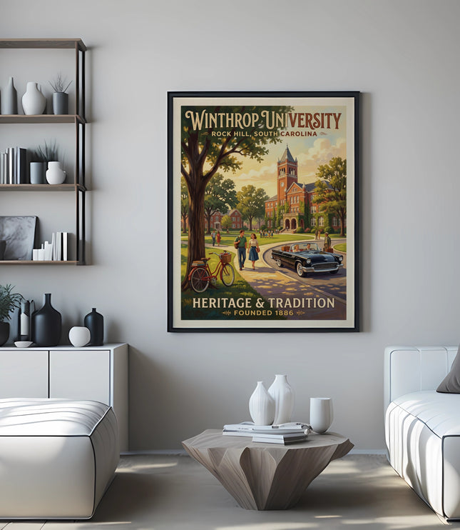 Winthrop University poster with campus buildings, vintage convertible, and a bicycle.