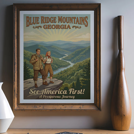 Vintage travel poster of Blue Ridge Mountains, Georgia, showing hikers and a valley.