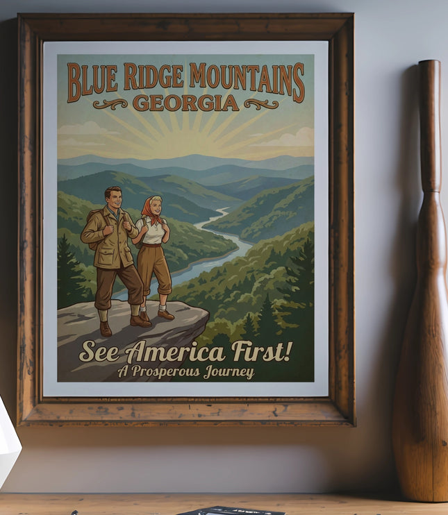 Vintage travel poster of Blue Ridge Mountains, Georgia, showing hikers and a valley.