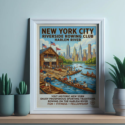 New York City Riverside Rowing Club poster with vintage city skyline and rowing scenes.