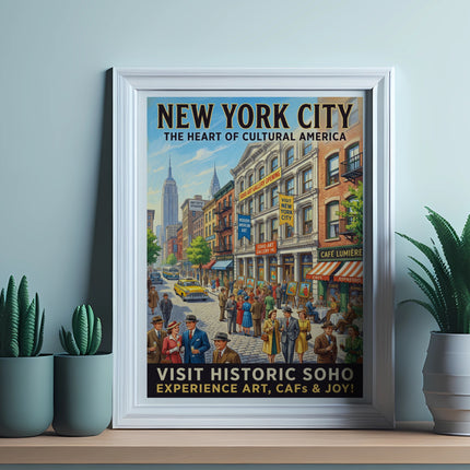 New York City SOHO art gallery poster with vintage street scene.