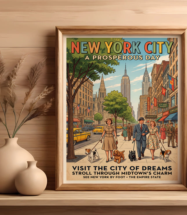 New York City vintage poster with people walking dogs and iconic buildings.