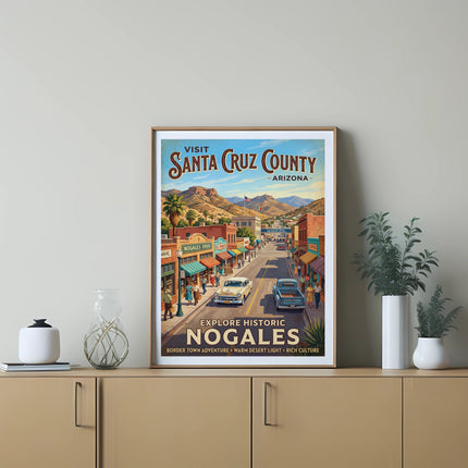 Vintage poster depicting colorful historic Nogales, Arizona street scene with cars and people.
