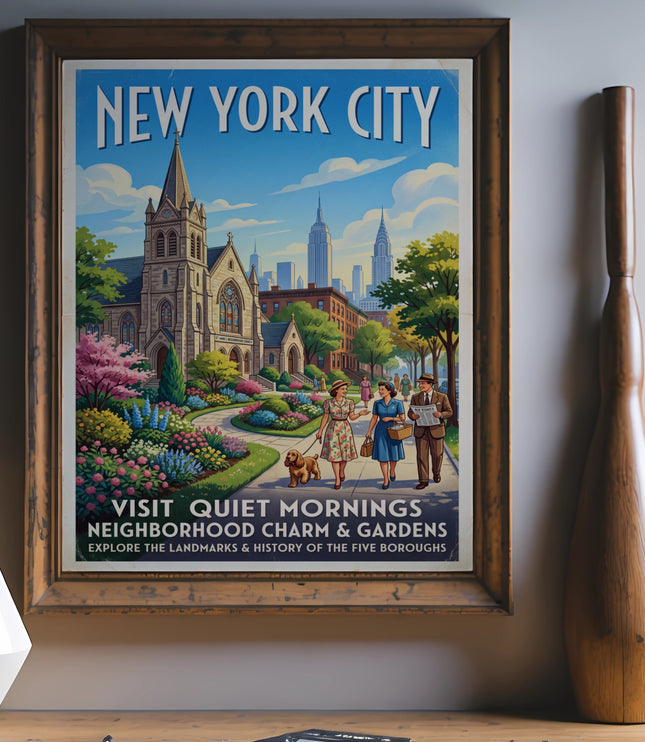 New York City poster with a church, gardens, and people walking their dog.