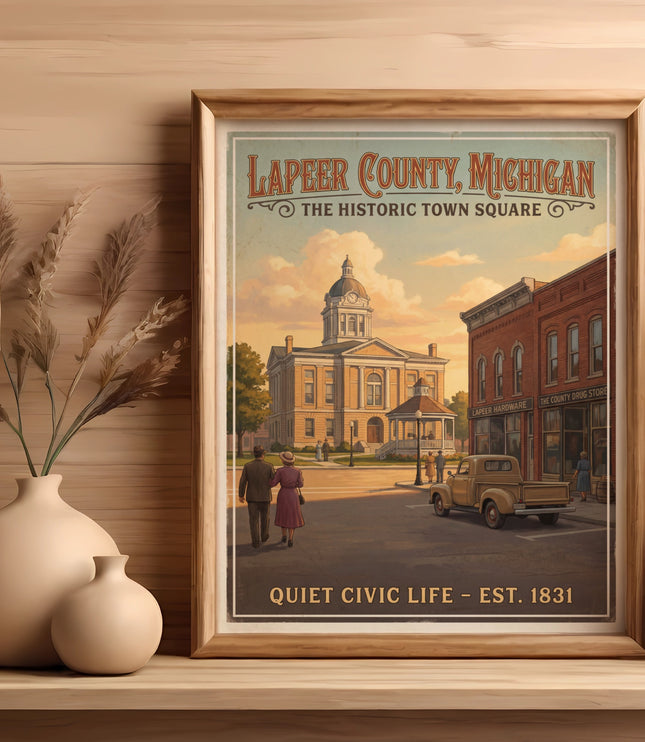 Lapeer County, Michigan historic town square vintage travel poster.