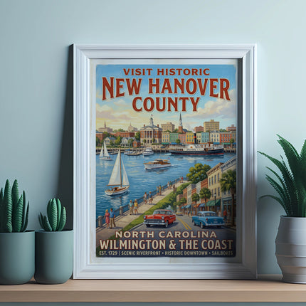 Vintage poster of New Hanover County, Wilmington & The Coast with sailboats and historic buildings.