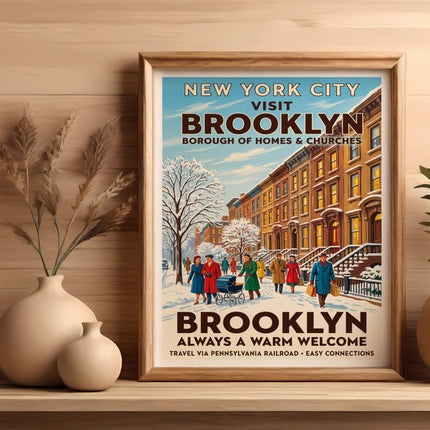 Vintage poster of Brooklyn, New York City, with people in snow.