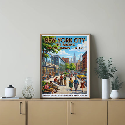 New York City The Bronx Library Center poster with people outside.