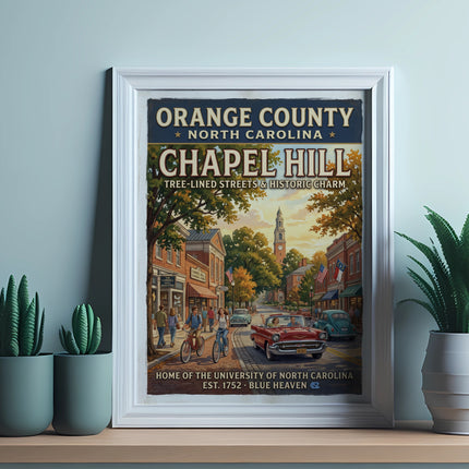 Orange County, NC Chapel Hill vintage travel poster with university, streets, and cars.