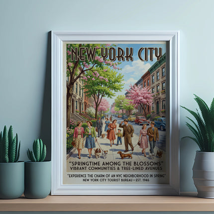 New York City springtime poster with text about blossoms and neighborhoods.
