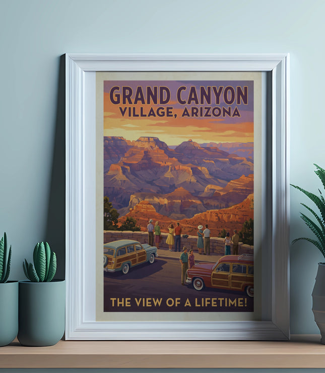 Grand Canyon Village, Arizona poster showing people and vintage cars with canyon landscape.