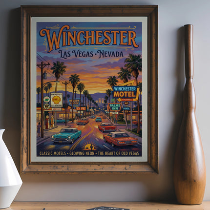 Vintage-style poster of Winchester, Las Vegas, Nevada with classic cars and neon signs.