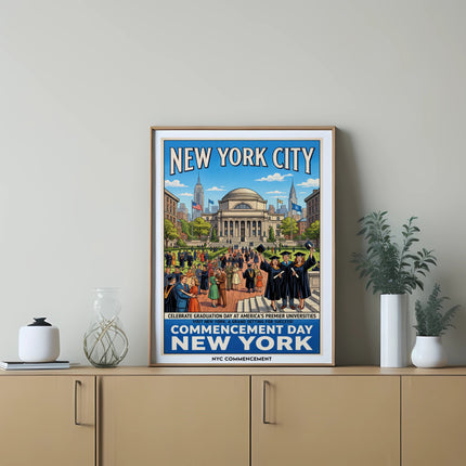 New York City graduation poster with universities and text.