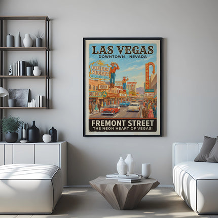 Vintage Las Vegas Fremont Street poster with casinos and vintage cars.