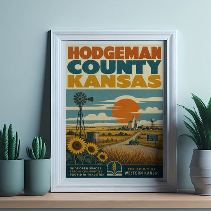 Hodgeman County, Kansas poster with windmill, sunflowers, and "The Spirit of Western Kansas" text.
