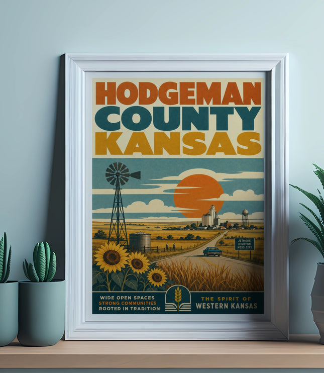Hodgeman County, Kansas poster with windmill, sunflowers, and "The Spirit of Western Kansas" text.