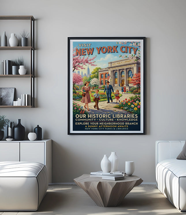Vintage New York City Public Library poster with families exploring the historic branch.