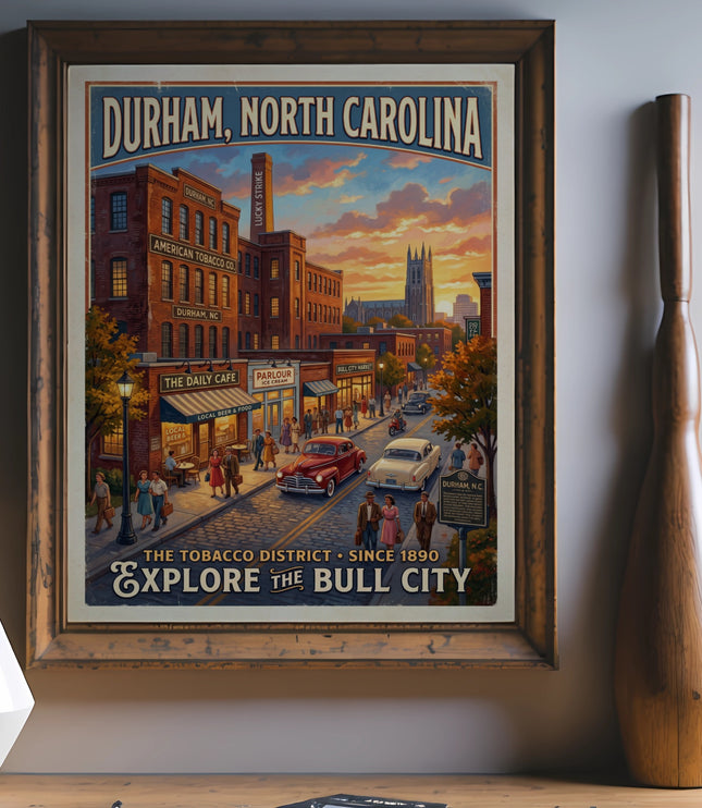 Durham, NC poster depicts American Tobacco Co. buildings and "Explore the Bull City" text.