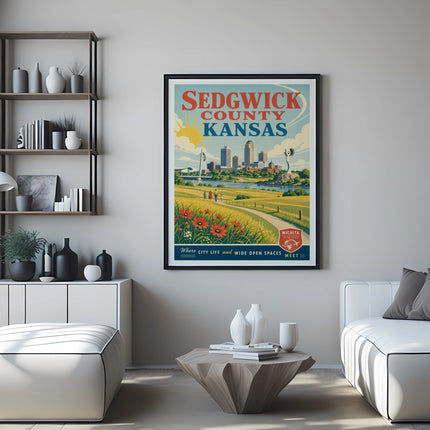Sedgwick County Kansas tourism poster with cityscape and sun graphic.