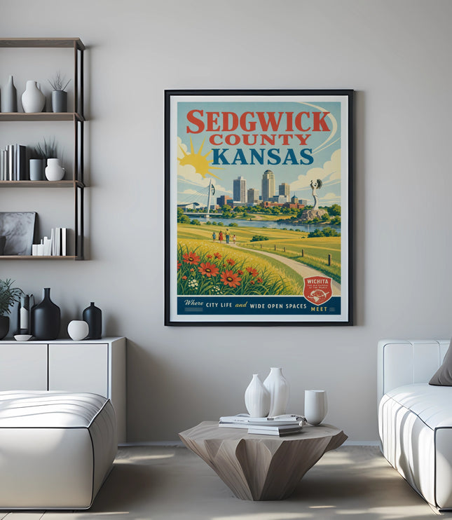 Sedgwick County Kansas tourism poster with cityscape and sun graphic.