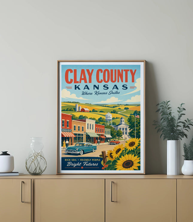 Clay County Kansas travel poster with vintage car, sunflowers, and town scene.