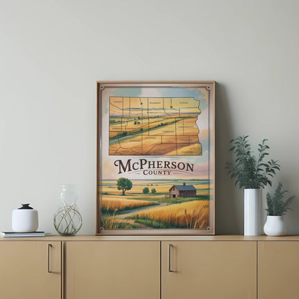 Framed map of McPherson County, Kansas with fields and a barn.
