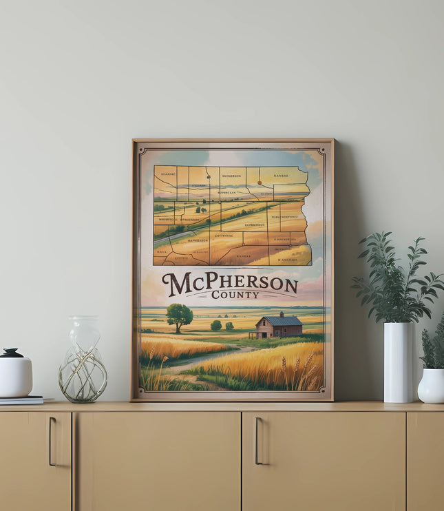 Framed map of McPherson County, Kansas with fields and a barn.