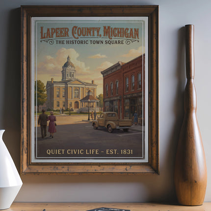Poster of Lapeer County, Michigan historic town square with courthouse and vintage truck.