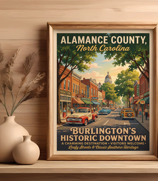 Framed vintage poster of Burlington's historic downtown, Alamance County, North Carolina.