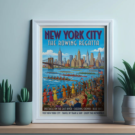 Vintage New York City rowing regatta poster with cityscape, boats, and crowd.