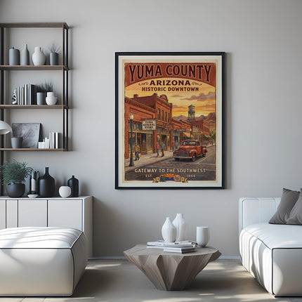 Yuma County Arizona Historic Downtown poster featuring a red truck and buildings.