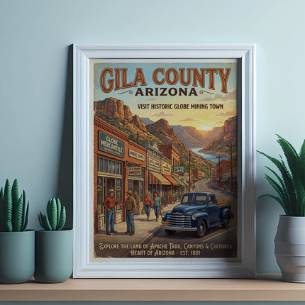 Retro poster of Gila County, Arizona, featuring Globe mining town and mountain scenery.