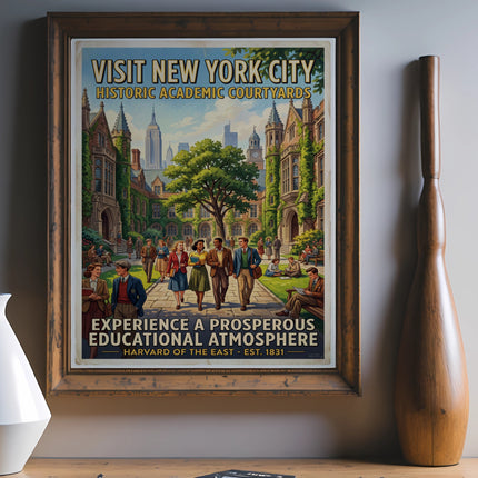 Vintage New York City poster showing Harvard's academic courtyards and educational atmosphere.