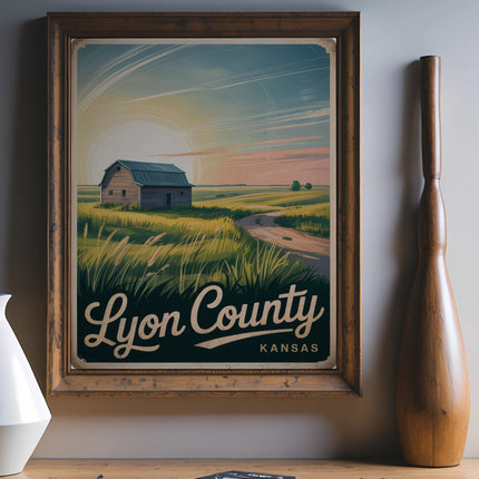 Vintage Lyon County Kansas travel poster featuring a barn and grassy landscape.