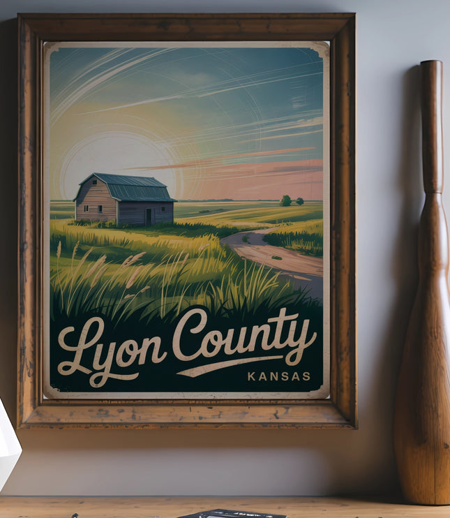 Vintage Lyon County Kansas travel poster featuring a barn and grassy landscape.