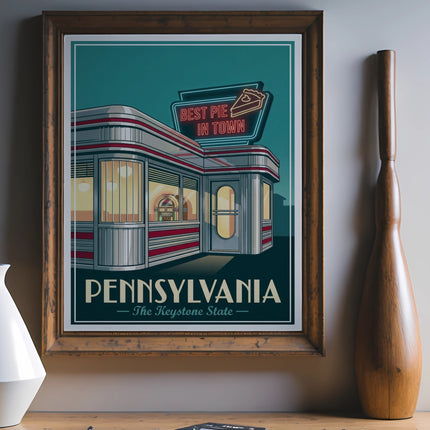 Retro diner sign reads "Best Pie in Town" with "Pennsylvania" below.