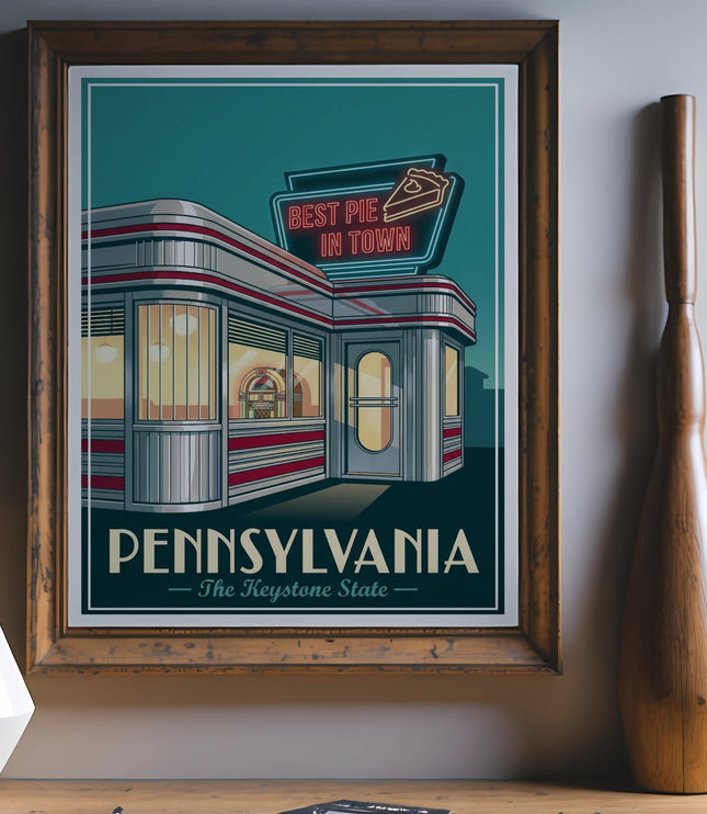 Retro diner sign reads "Best Pie in Town" with "Pennsylvania" below.