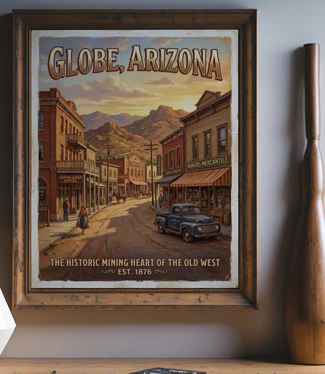 Globe, Arizona historic mining town art with Copper Queen Hotel and vintage truck.