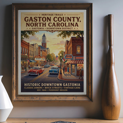 Gaston County, North Carolina vintage poster depicting historic downtown Gastonia with cars.