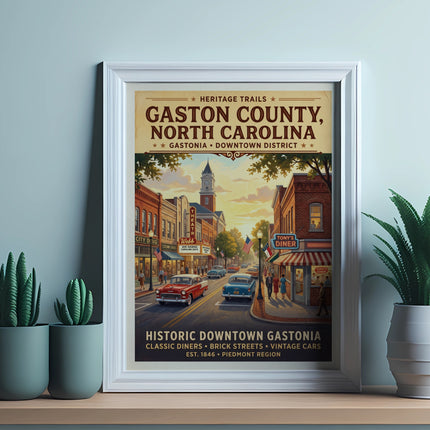 Poster of Gastonia, North Carolina downtown district with vintage cars and diners.