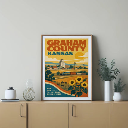 Graham County Kansas poster with sunflowers, a train, and text about wide-open spaces.