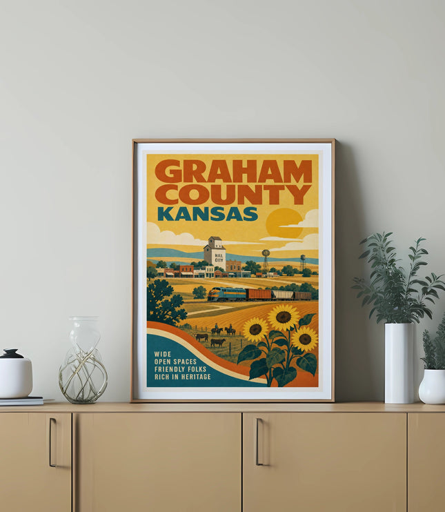 Graham County Kansas poster with sunflowers, a train, and text about wide-open spaces.