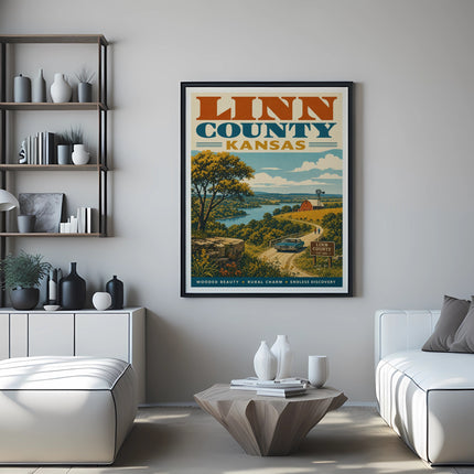 Linn County Kansas poster with landscape, barn, and text.