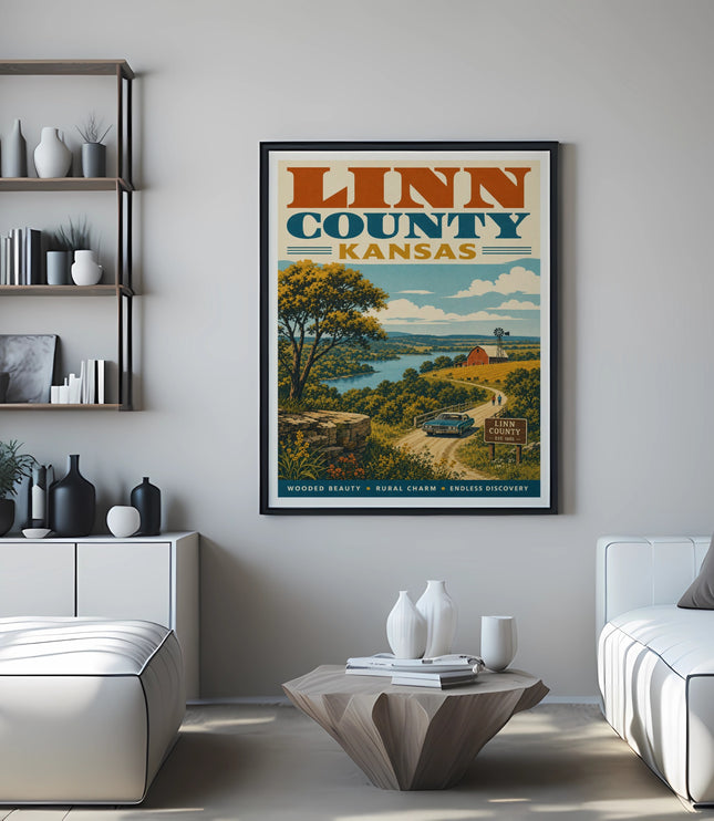 Linn County Kansas poster with landscape, barn, and text.