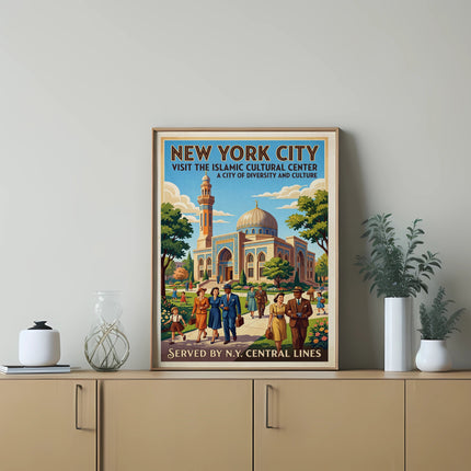 New York City poster advertising the Islamic Cultural Center served by N.Y. Central Lines.