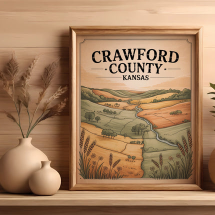 Framed map of Crawford County, Kansas with a decorative vase and plant.