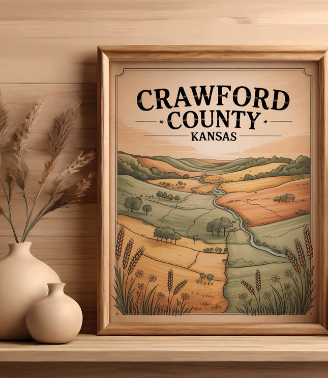 Framed map of Crawford County, Kansas with a decorative vase and plant.
