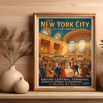 Vintage Grand Central Terminal travel poster with text, 1940s style illustration.