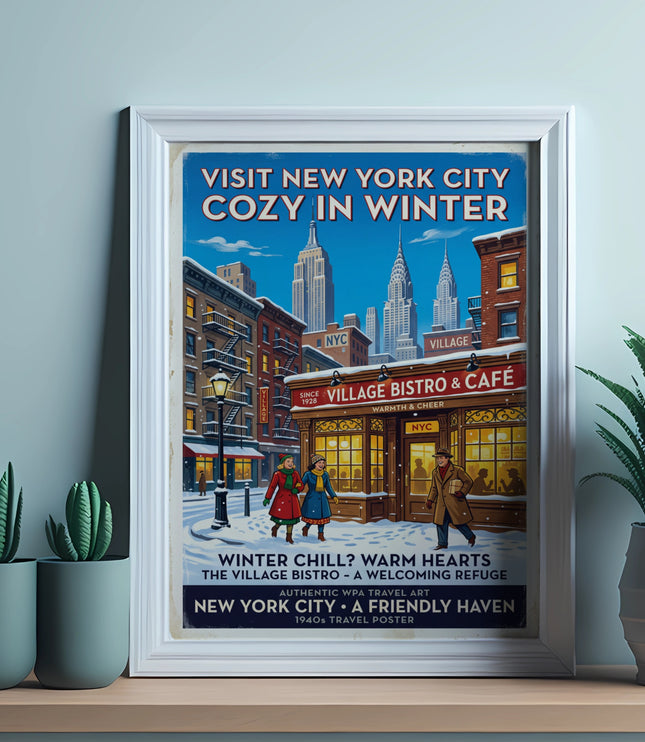 New York City 1940s travel poster depicting Village Bistro & Cafe in winter.